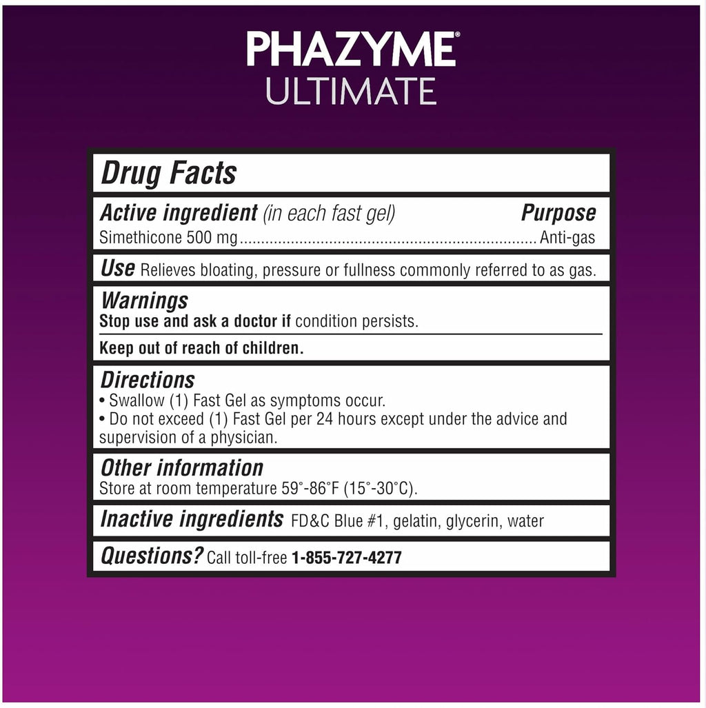 Phazyme Ultimate Strength Anti-Gas 500 mg Simethicone Gas Relief for Adults, Fast Gels Quickly Ease Bloating, Pressure and Discomfort, 20 Count