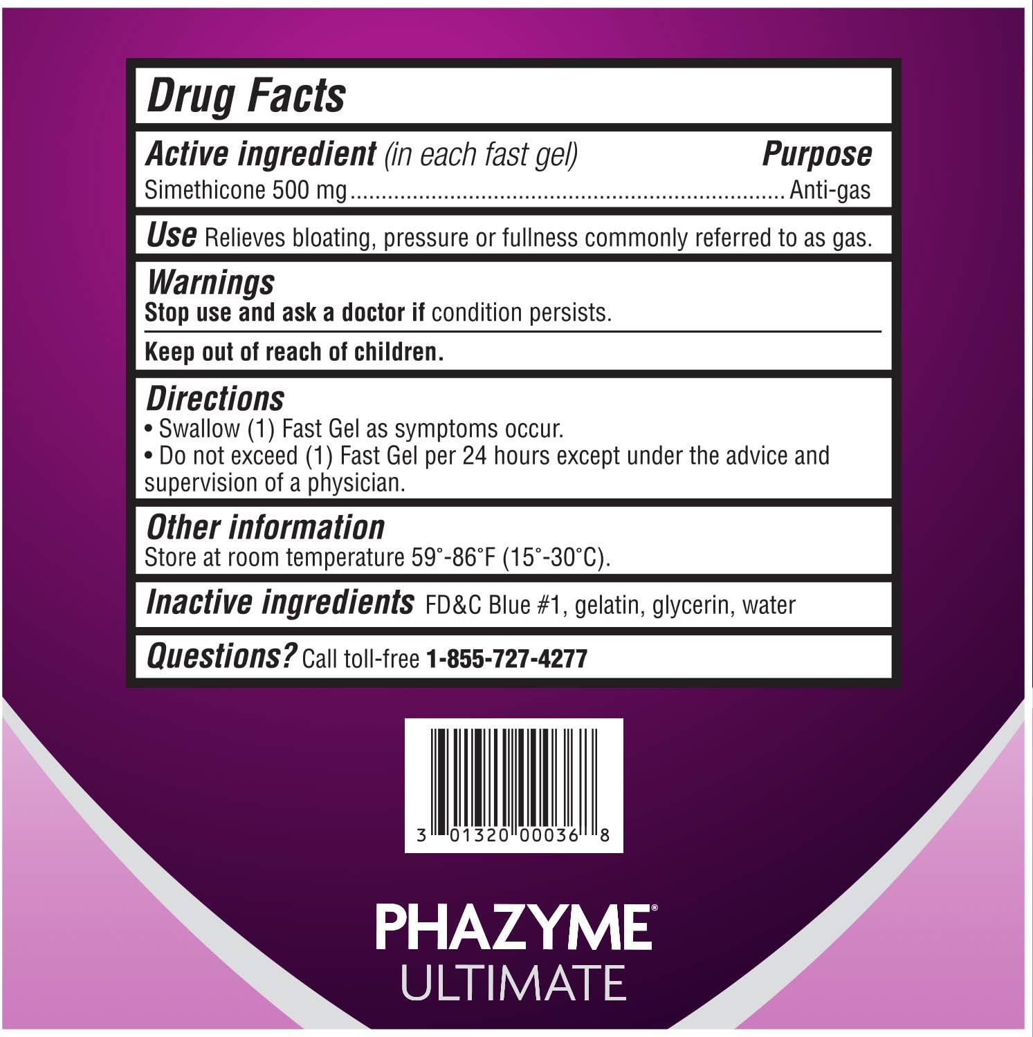 Phazyme Ultimate Strength Anti-Gas 500 mg Simethicone Gas Relief for Adults, Fast Gels Quickly Ease Bloating, Pressure and Discomfort, 20 Count