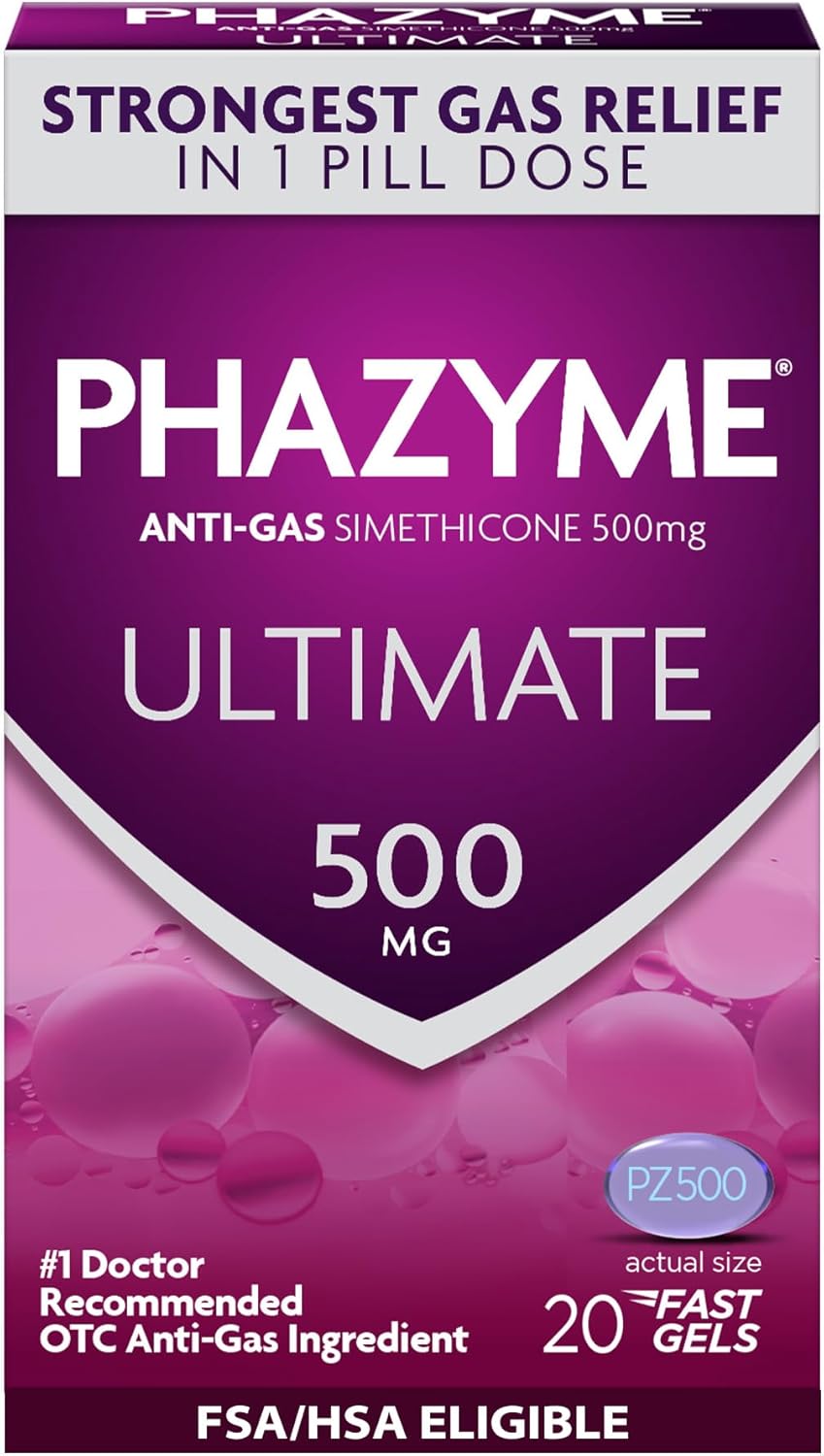 Phazyme Ultimate Strength Anti-Gas 500 mg Simethicone Gas Relief for Adults, Fast Gels Quickly Ease Bloating, Pressure and Discomfort, 20 Count