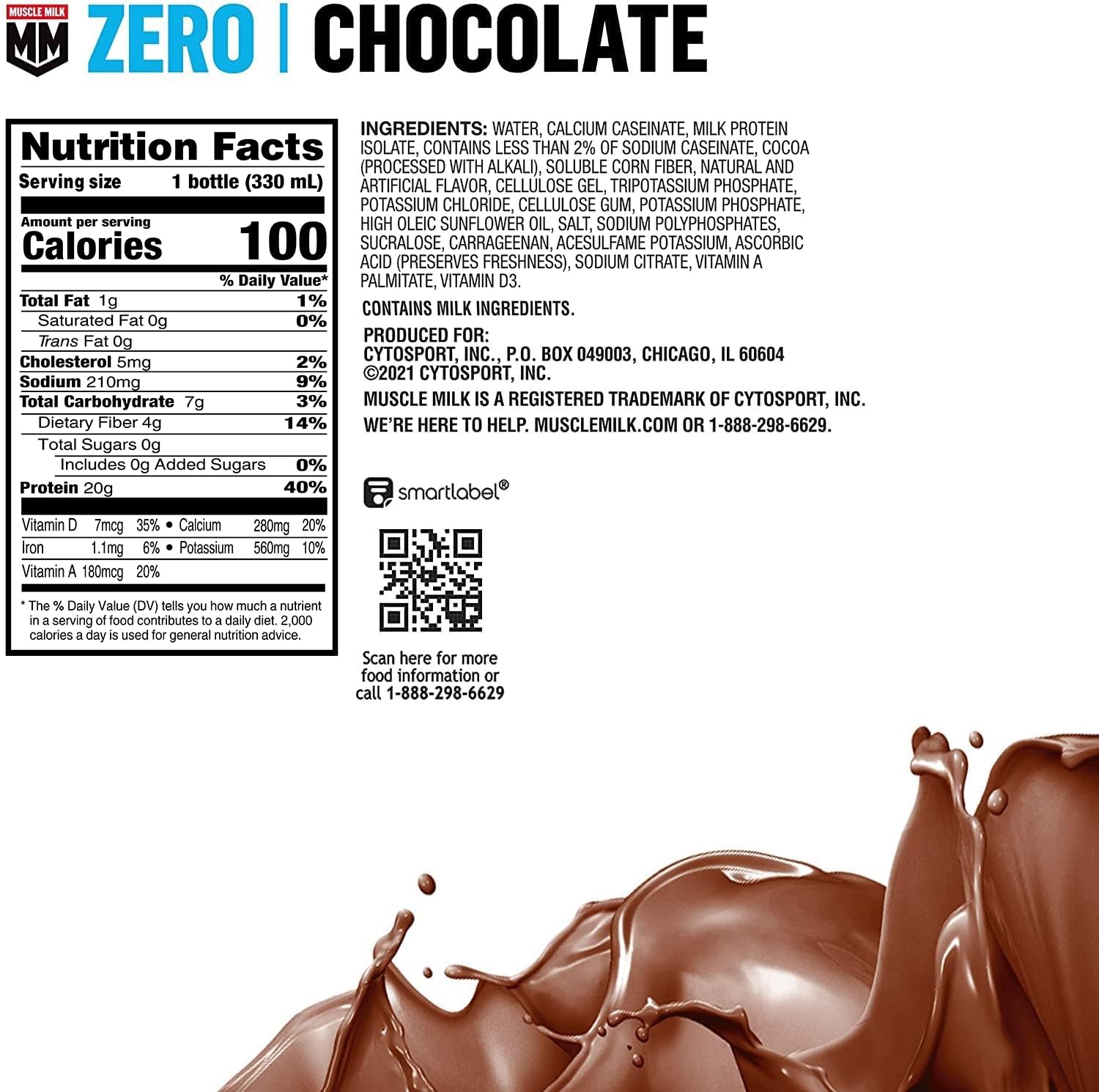 Muscle Milk Zero Protein Shake, Chocolate,20g Protein, Zero Sugar, 100 Calories, Calcium, Vitamins A, C & D, 4g Fiber, Energizing Snack, Workout Recovery, Packaging May Vary,11.16 Fl Oz (Pack of 12)