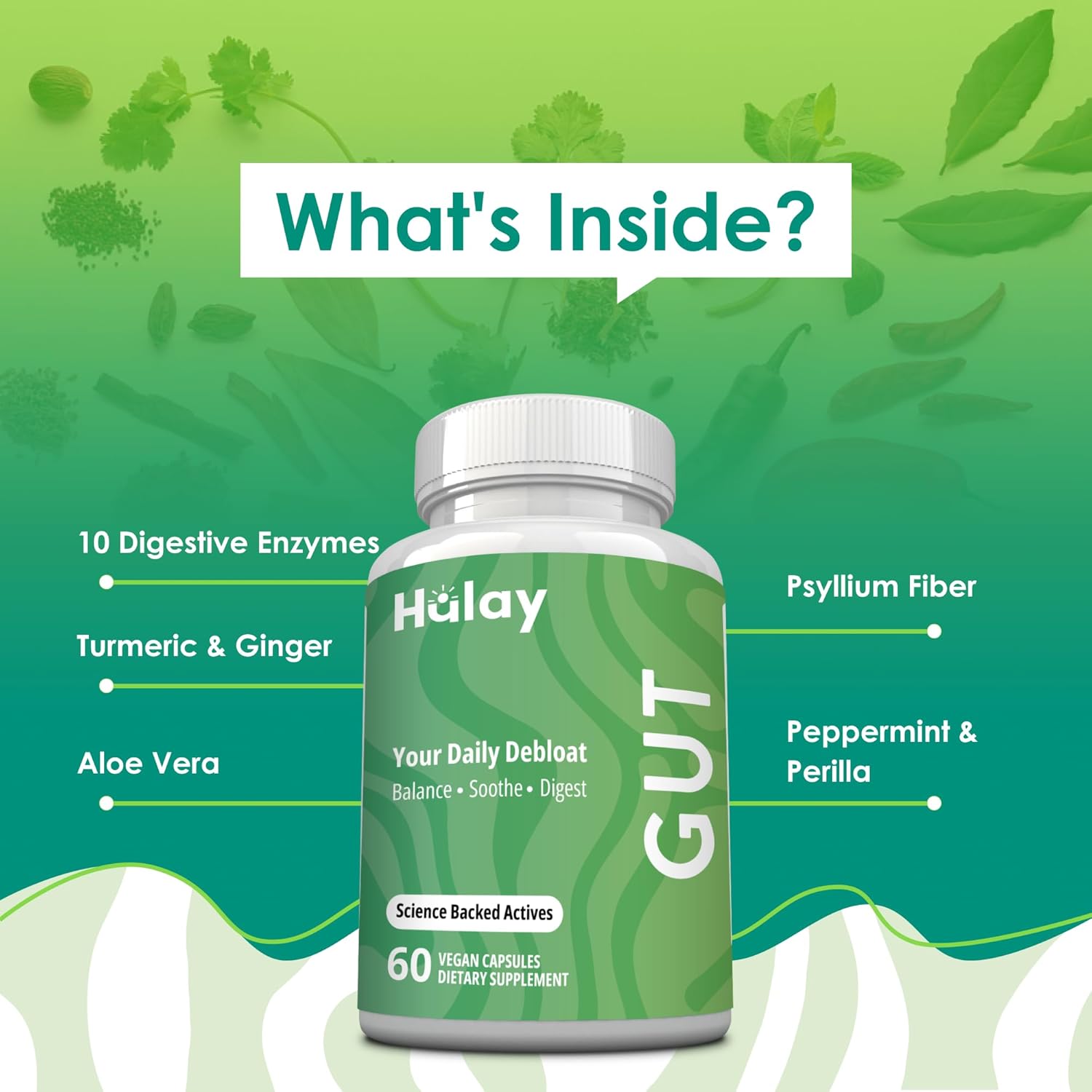 3-in-1 Gut Health Supplement - Debloat Pills - Gas and Bloating - Lactase, Protease, Amylase and Lipase Digestive Enzymes - Peppermint, Turmeric and Psyllium Husk Capsules - Women, Men - 60 Caps Vegan