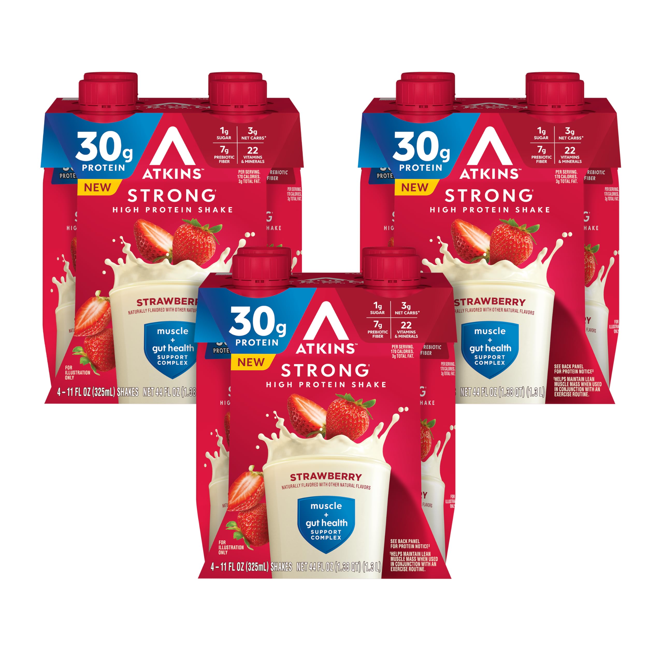 Atkins Strong High Protein Shake, Milk Chocolate, 30g Protein, 7g Prebiotic Fiber, 1g Sugar, GLP-1 Support, Muscle & Gut Health Support Complex, 12 Count