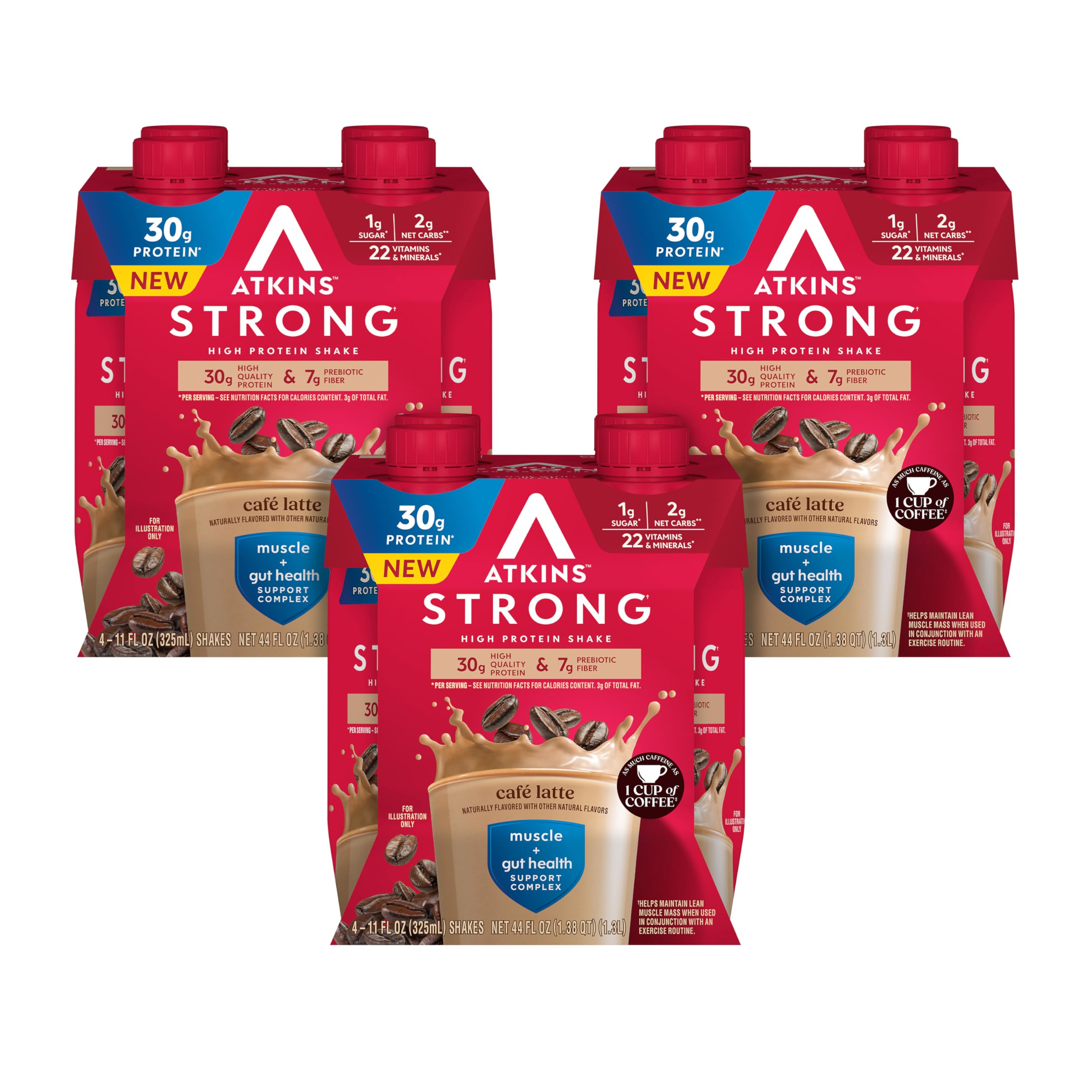 Atkins Strong High Protein Shake, Milk Chocolate, 30g Protein, 7g Prebiotic Fiber, 1g Sugar, GLP-1 Support, Muscle & Gut Health Support Complex, 12 Count