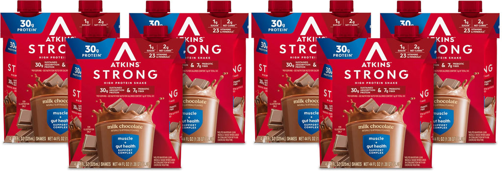 Atkins Strong High Protein Shake, Milk Chocolate, 30g Protein, 7g Prebiotic Fiber, 1g Sugar, GLP-1 Support, Muscle & Gut Health Support Complex, 12 Count