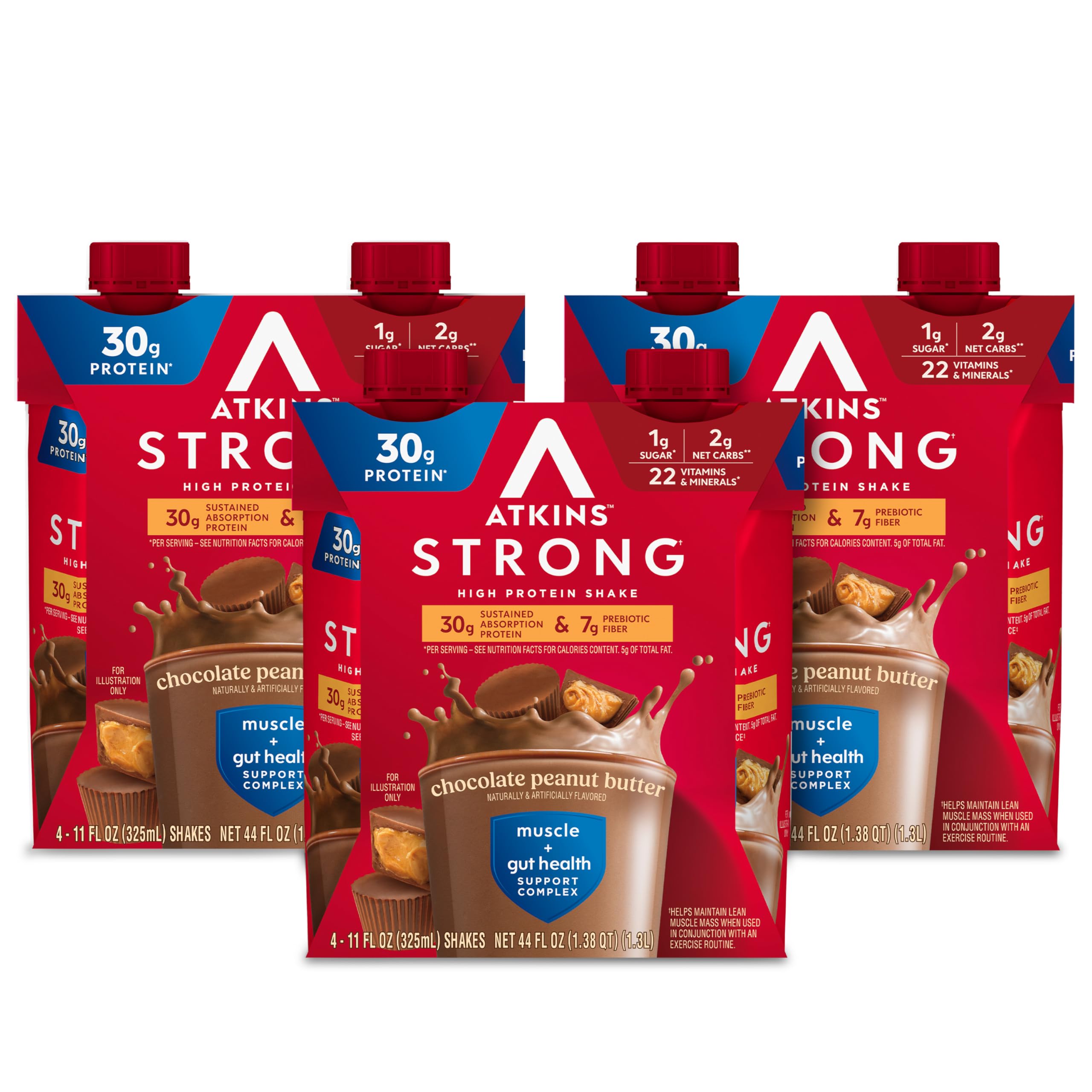 Atkins Strong High Protein Shake, Milk Chocolate, 30g Protein, 7g Prebiotic Fiber, 1g Sugar, GLP-1 Support, Muscle & Gut Health Support Complex, 12 Count