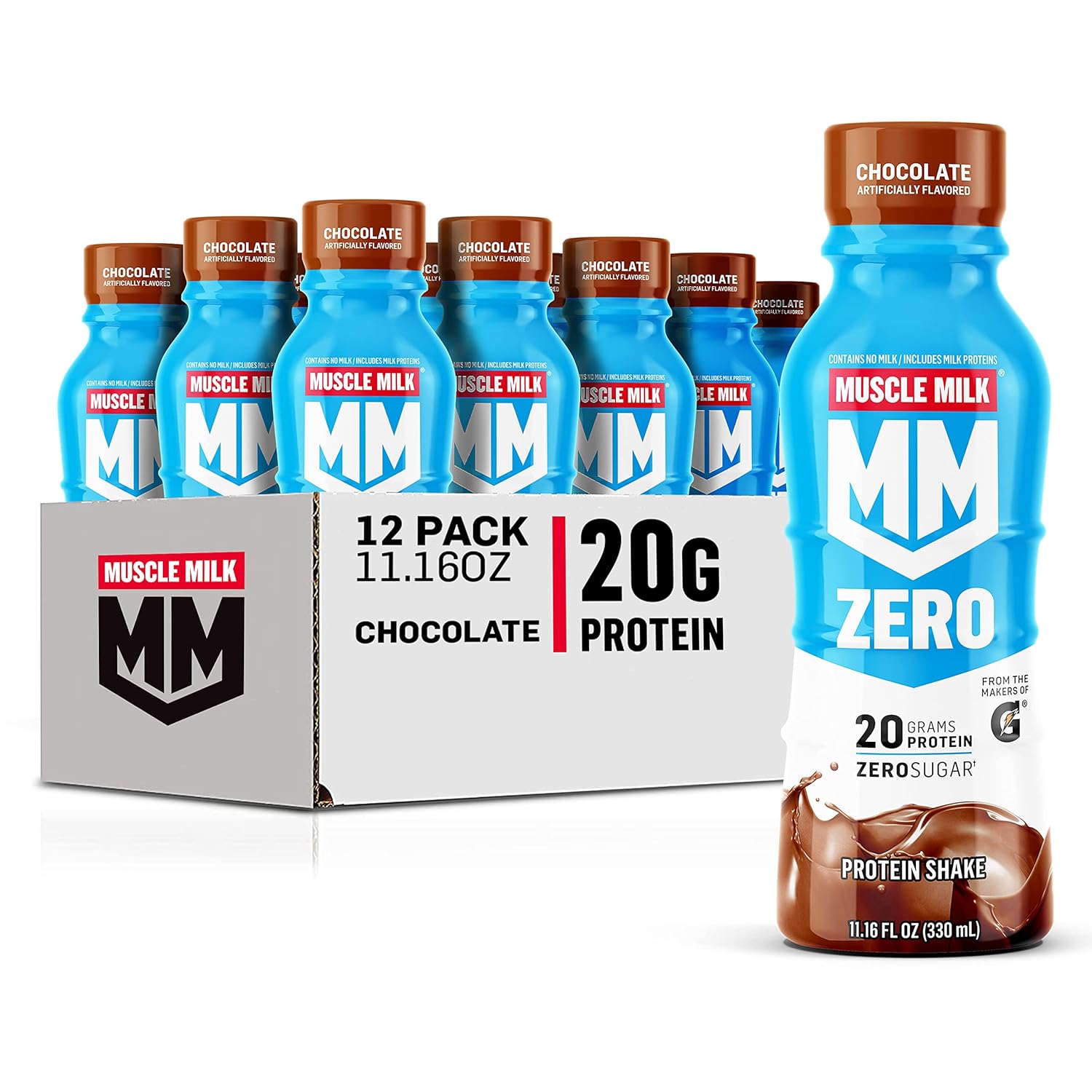 Muscle Milk Zero Protein Shake, Chocolate,20g Protein, Zero Sugar, 100 Calories, Calcium, Vitamins A, C & D, 4g Fiber, Energizing Snack, Workout Recovery, Packaging May Vary,11.16 Fl Oz (Pack of 12)