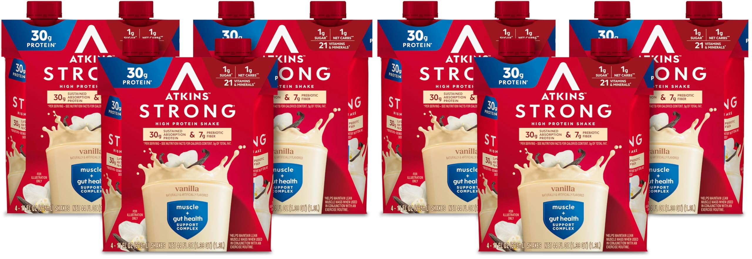 Atkins Strong High Protein Shake, Milk Chocolate, 30g Protein, 7g Prebiotic Fiber, 1g Sugar, GLP-1 Support, Muscle & Gut Health Support Complex, 12 Count
