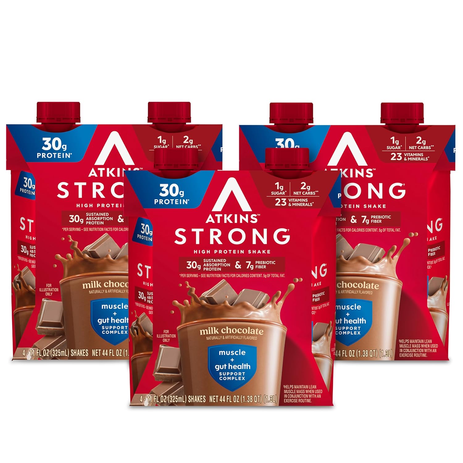 Atkins Strong High Protein Shake, Milk Chocolate, 30g Protein, 7g Prebiotic Fiber, 1g Sugar, GLP-1 Support, Muscle & Gut Health Support Complex, 12 Count