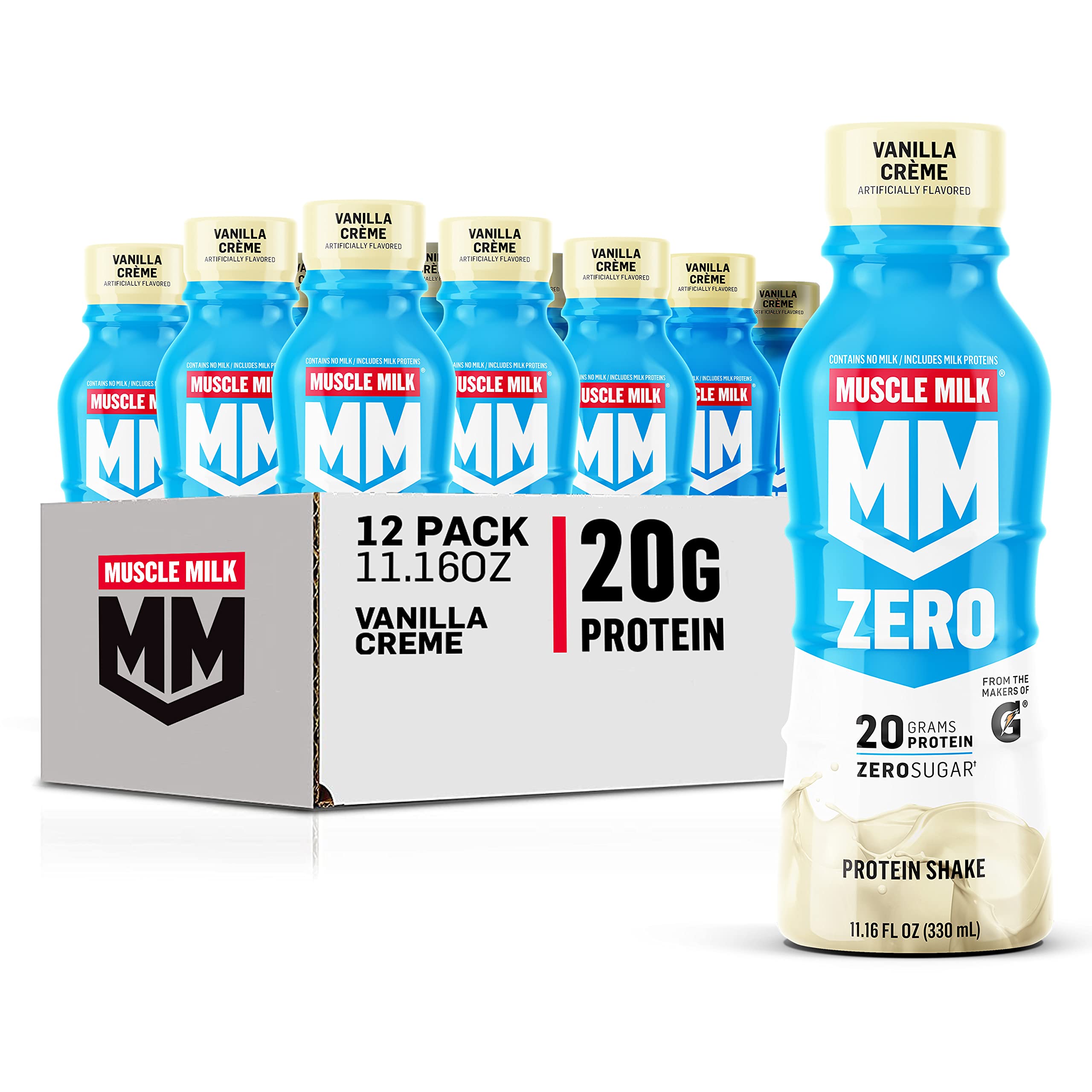 Muscle Milk Zero Protein Shake, Chocolate,20g Protein, Zero Sugar, 100 Calories, Calcium, Vitamins A, C & D, 4g Fiber, Energizing Snack, Workout Recovery, Packaging May Vary,11.16 Fl Oz (Pack of 12)