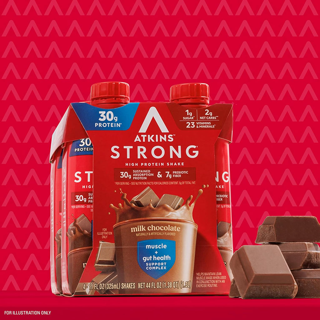 Atkins Strong High Protein Shake, Milk Chocolate, 30g Protein, 7g Prebiotic Fiber, 1g Sugar, GLP-1 Support, Muscle & Gut Health Support Complex, 12 Count