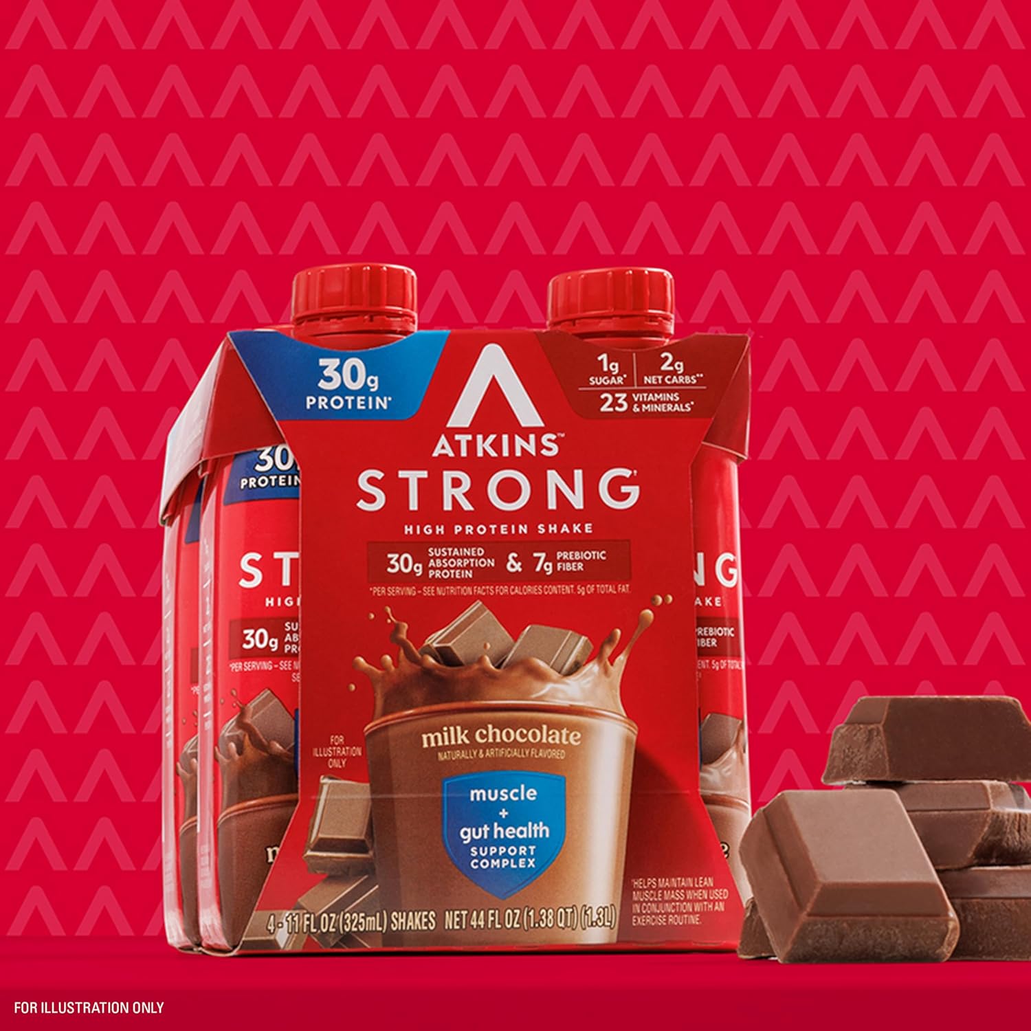 Atkins Strong High Protein Shake, Milk Chocolate, 30g Protein, 7g Prebiotic Fiber, 1g Sugar, GLP-1 Support, Muscle & Gut Health Support Complex, 12 Count