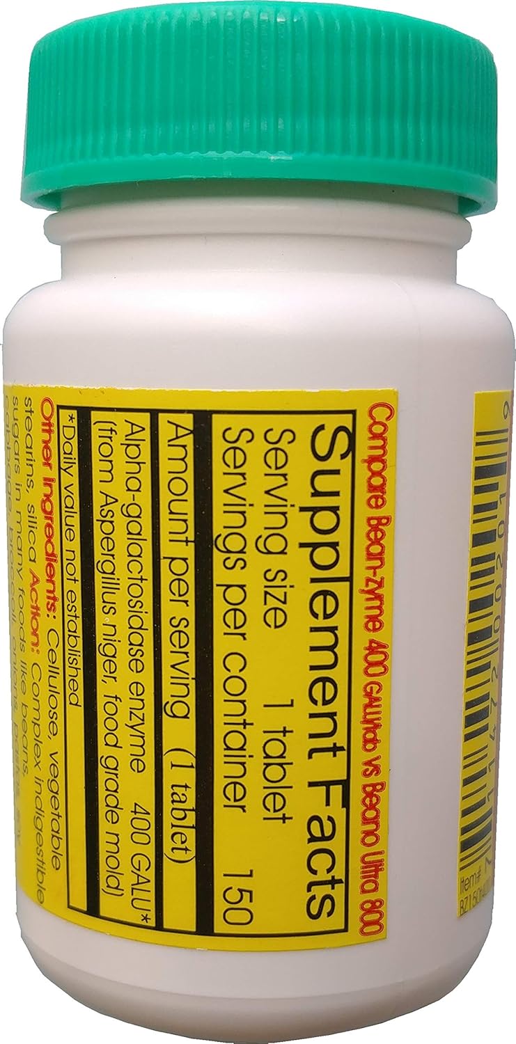 Bean-Zyme Gas Relief for Adults Extra Strength (150 ct) is 400 GAUL per Tablet Alpha Galactosidase, Vegan, Cost Less, Digestive Enzyme Dietary Supplement Natural Food Enzyme