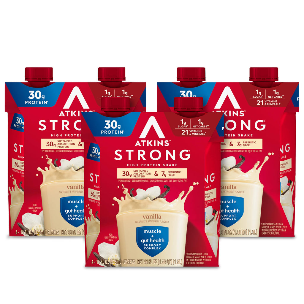 Atkins Strong High Protein Shake, Milk Chocolate, 30g Protein, 7g Prebiotic Fiber, 1g Sugar, GLP-1 Support, Muscle & Gut Health Support Complex, 12 Count