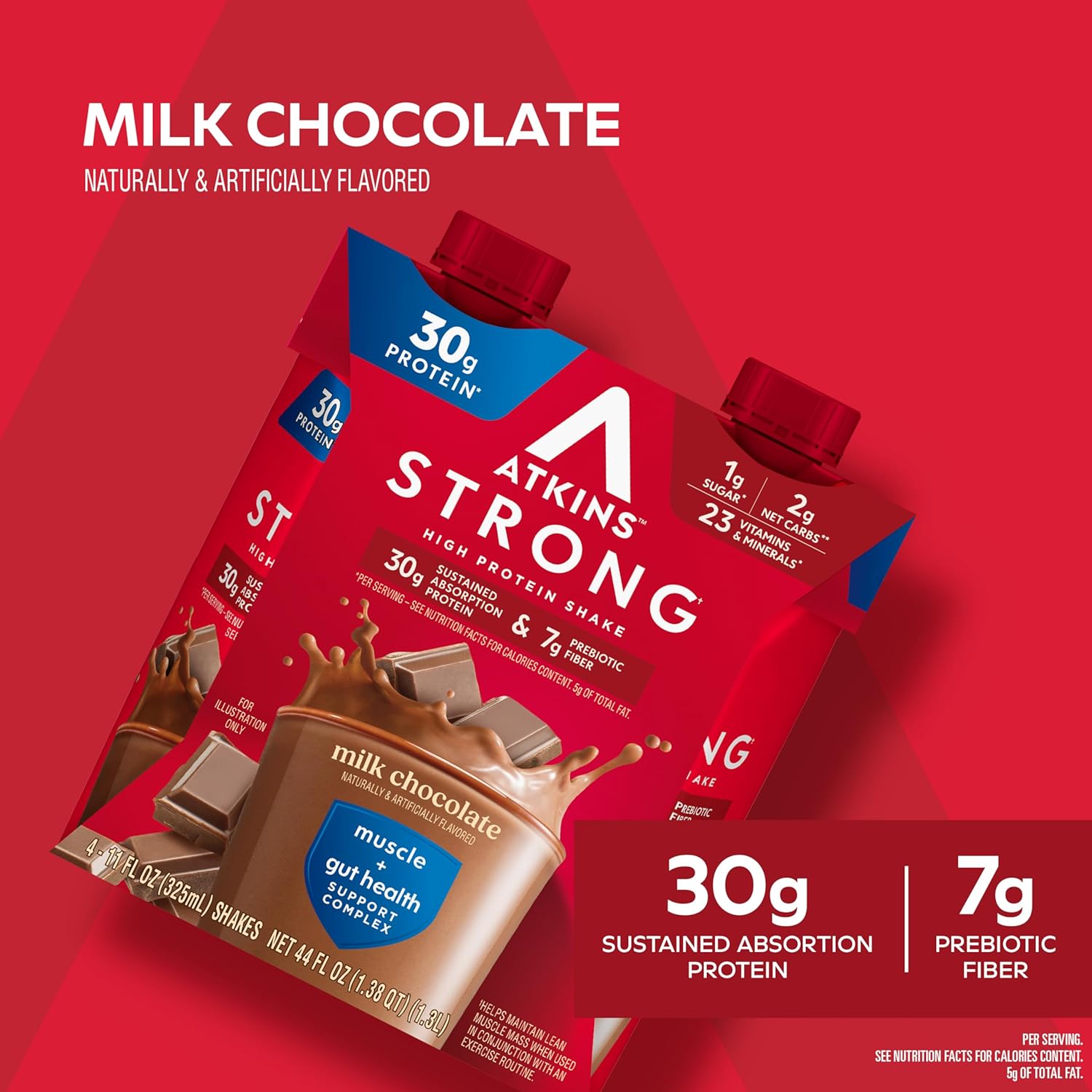 Atkins Strong High Protein Shake, Milk Chocolate, 30g Protein, 7g Prebiotic Fiber, 1g Sugar, GLP-1 Support, Muscle & Gut Health Support Complex, 12 Count