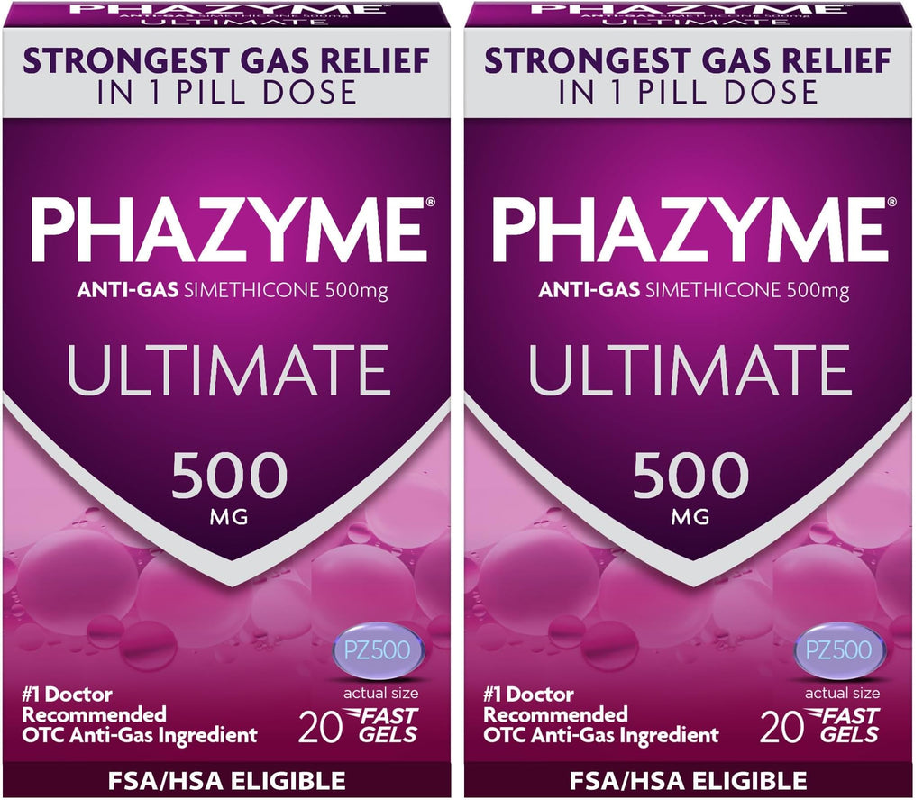 Phazyme Ultimate Strength Anti-Gas 500 mg Simethicone Gas Relief for Adults, Fast Gels Quickly Ease Bloating, Pressure and Discomfort, 20 Count