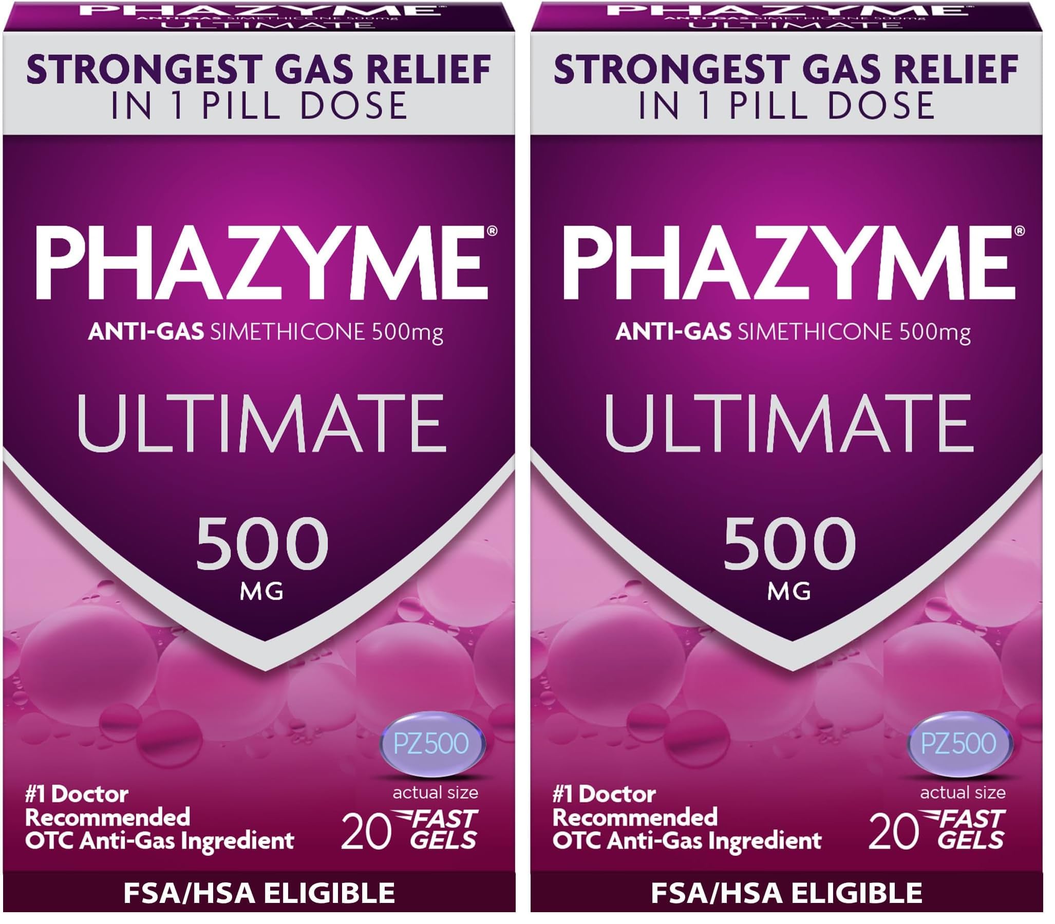 Phazyme Ultimate Strength Anti-Gas 500 mg Simethicone Gas Relief for Adults, Fast Gels Quickly Ease Bloating, Pressure and Discomfort, 20 Count