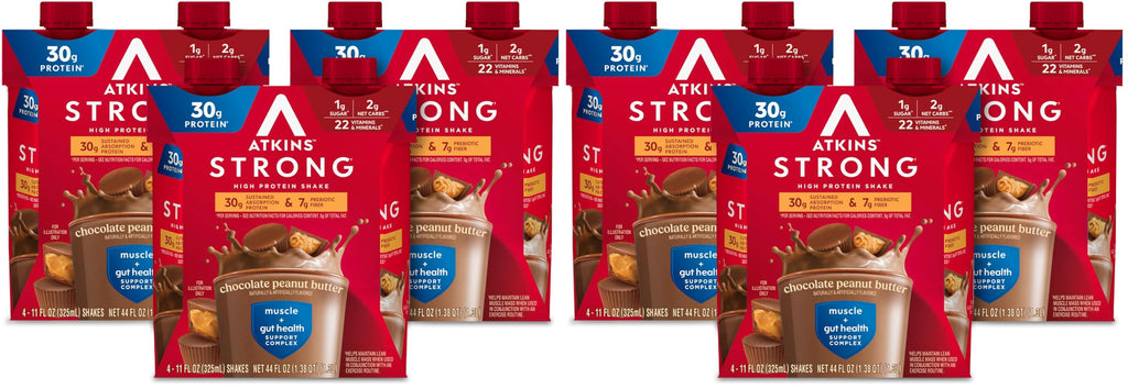 Atkins Strong High Protein Shake, Milk Chocolate, 30g Protein, 7g Prebiotic Fiber, 1g Sugar, GLP-1 Support, Muscle & Gut Health Support Complex, 12 Count